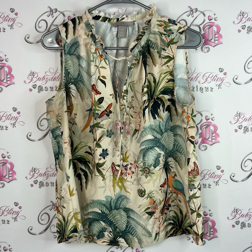 H&M Tropical palm tree birds leafs Print Sleeveless Blouse - Cream and Green